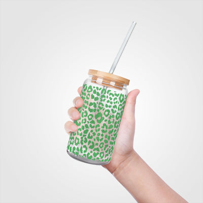 Green Leopard Design 16 oz Glass Cup With Lid and Straw
