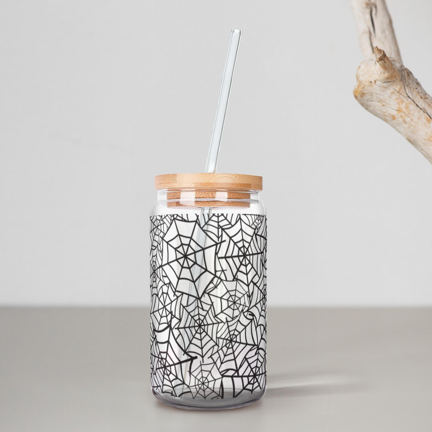 Spider Web Clear Glass With Lid & Straw