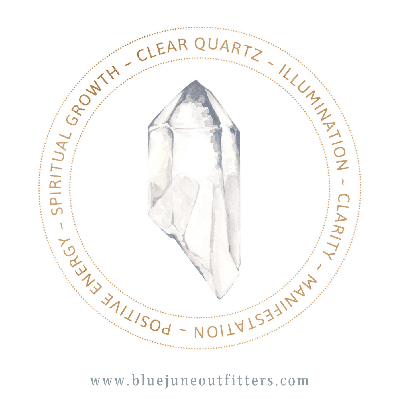 Watercolor painting of a clear quartz crystal. In text around the crystal, it outlines the metaphysical properties of the crystal - illumination, clarity, manifestation, positive energy and spiritual growth. 