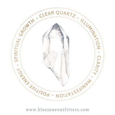 Watercolor painting of a clear quartz crystal. In text around the crystal, it outlines the metaphysical properties of the crystal - illumination, clarity, manifestation, positive energy and spiritual growth. 