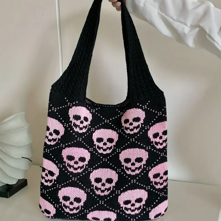 Knitted Skull Tote Bag | Gothic Punk Shoulder Purse | Y2K Soft Knit Grunge Gift