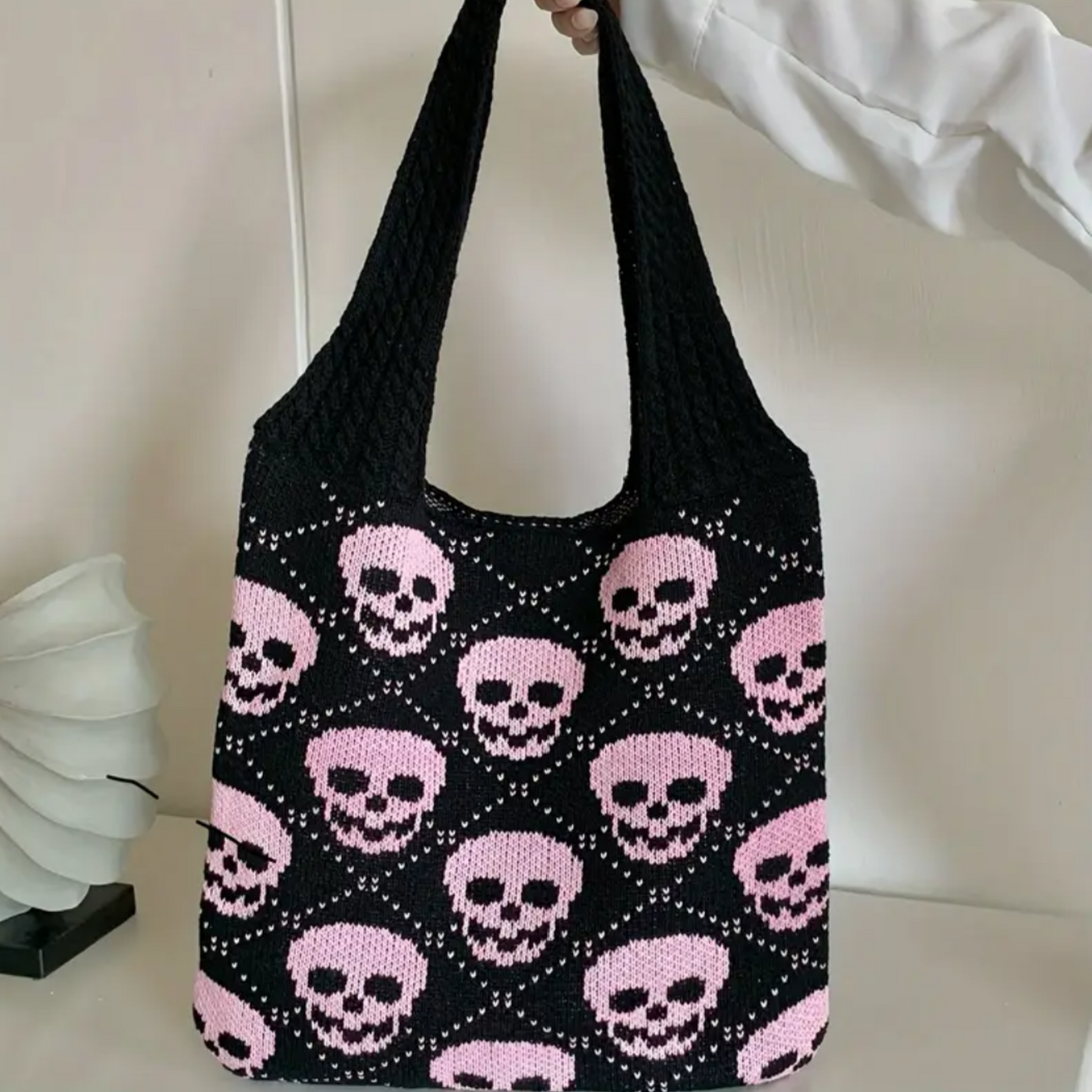 Knitted Skull Tote Bag | Gothic Punk Shoulder Purse | Y2K Soft Knit Grunge Gift