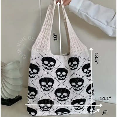 Knitted Skull Tote Bag | Gothic Punk Shoulder Purse | Y2K Soft Knit Grunge Gift