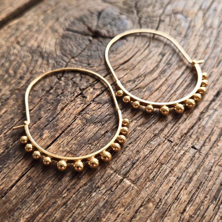 18k Gold Plated Boho Hoop Earrings - Beaded Arch Dangle Hoops