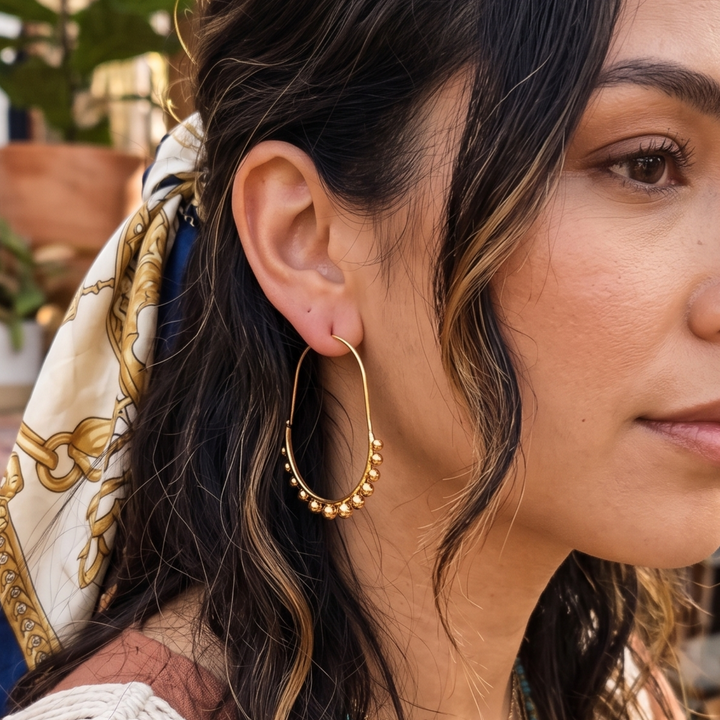 18k Gold Plated Boho Hoop Earrings - Beaded Arch Dangle Hoops