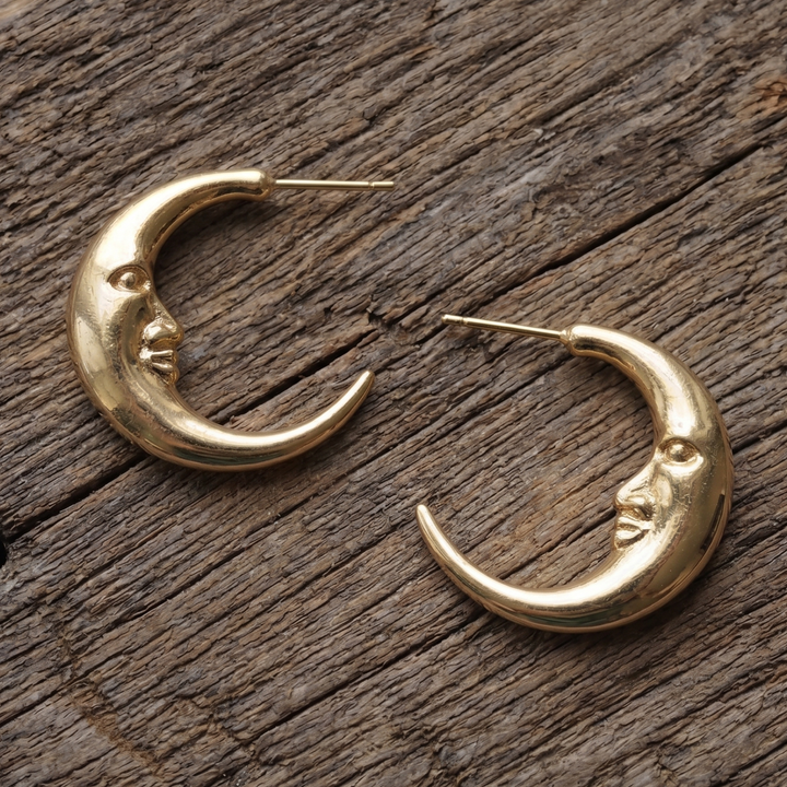 18k Gold Plated Moon Face Hoop Earrings - Celestial Raw Brass Crescent Hoops - Hypoallergenic Stainless Steel Posts