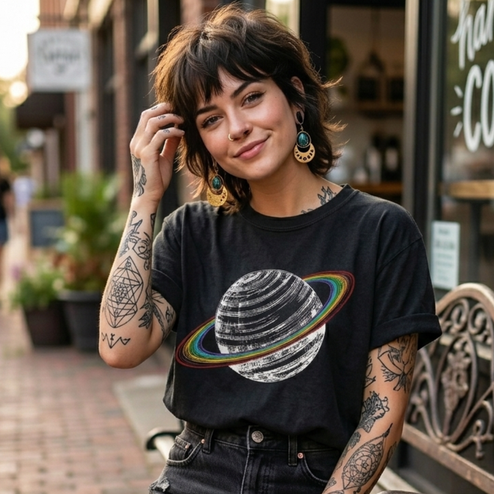 Retro Saturn Rainbow Tee | Inclusive Celestial Comfort