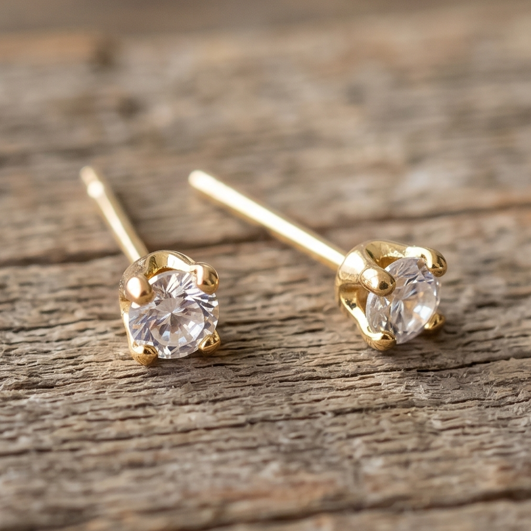 Dainty 18k Gold Plated Stud Earrings - Tiny 3mm Cubic Zirconia Piercing Studs