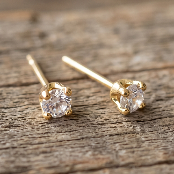 Dainty 18k Gold Plated Stud Earrings - Tiny 3mm Cubic Zirconia Piercing Studs