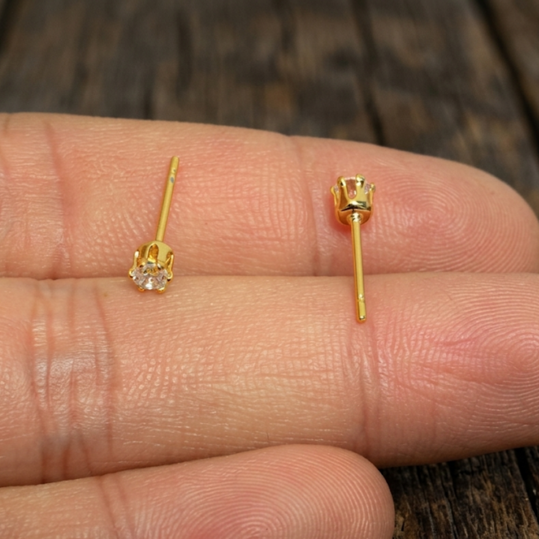 Dainty 18k Gold Plated Stud Earrings - Tiny 3mm Cubic Zirconia Piercing Studs