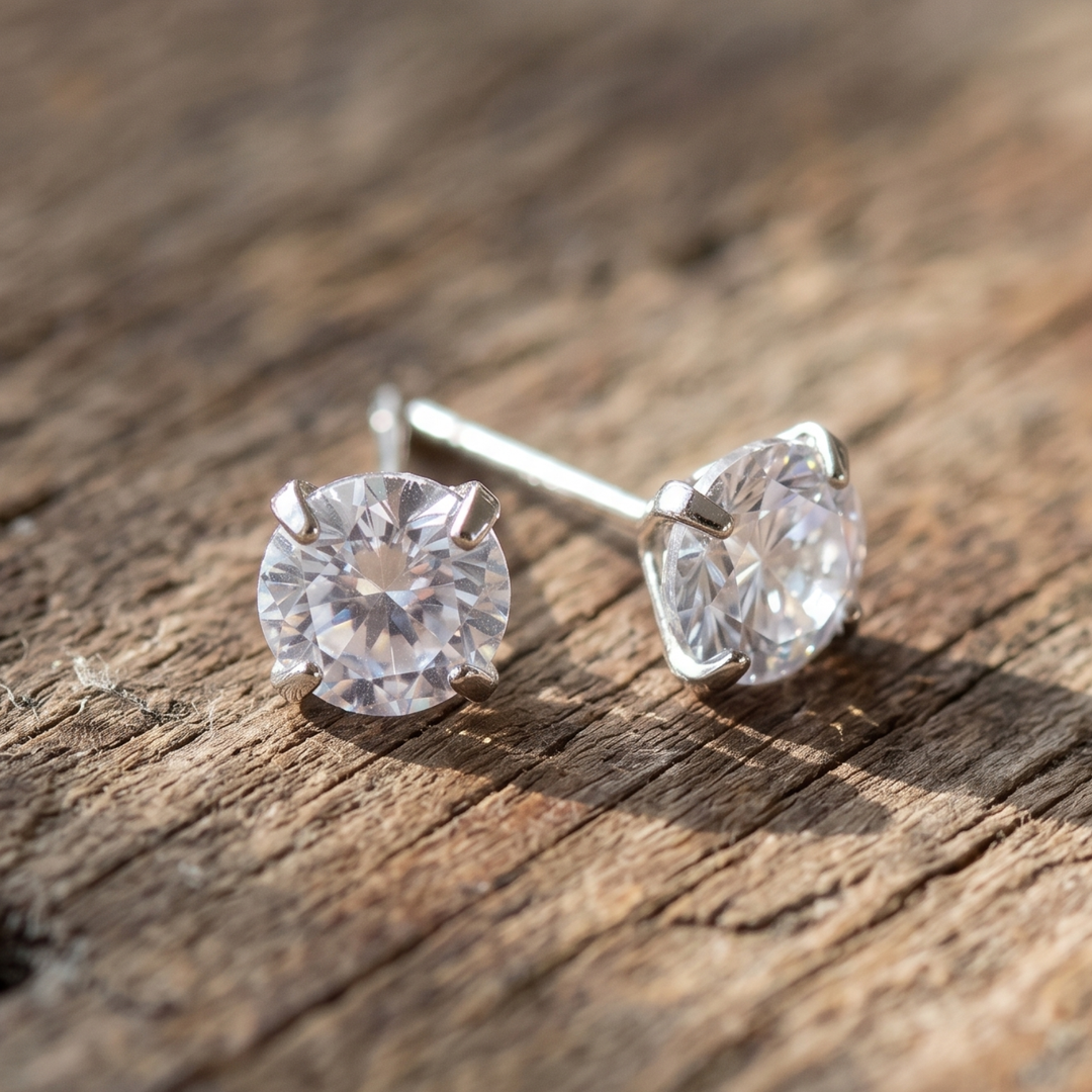 6mm Cubic Zirconia Stud Earrings – 18k White Gold Plated Hypoallergenic Solitaire Studs – Mystical Boho Jewelry