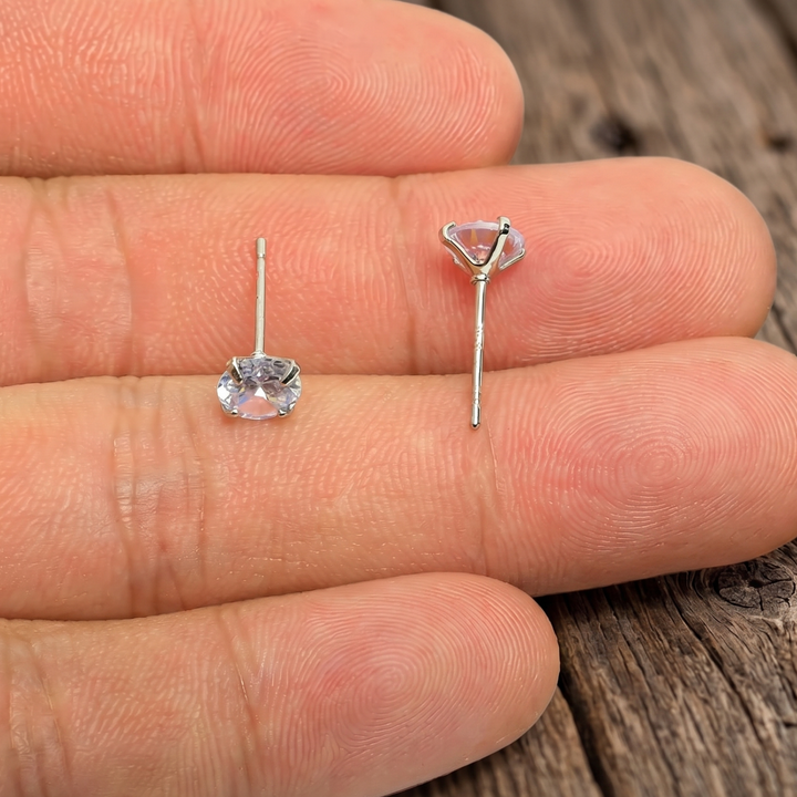 6mm Cubic Zirconia Stud Earrings – 18k White Gold Plated Hypoallergenic Solitaire Studs – Mystical Boho Jewelry