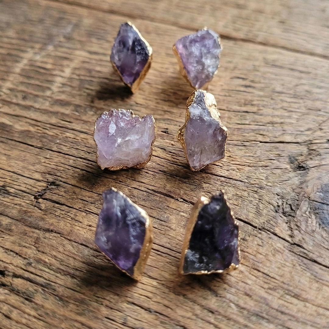 Raw Amethyst Stud Earrings – Natural Purple Druzy Stones in Gold-Plated Brass