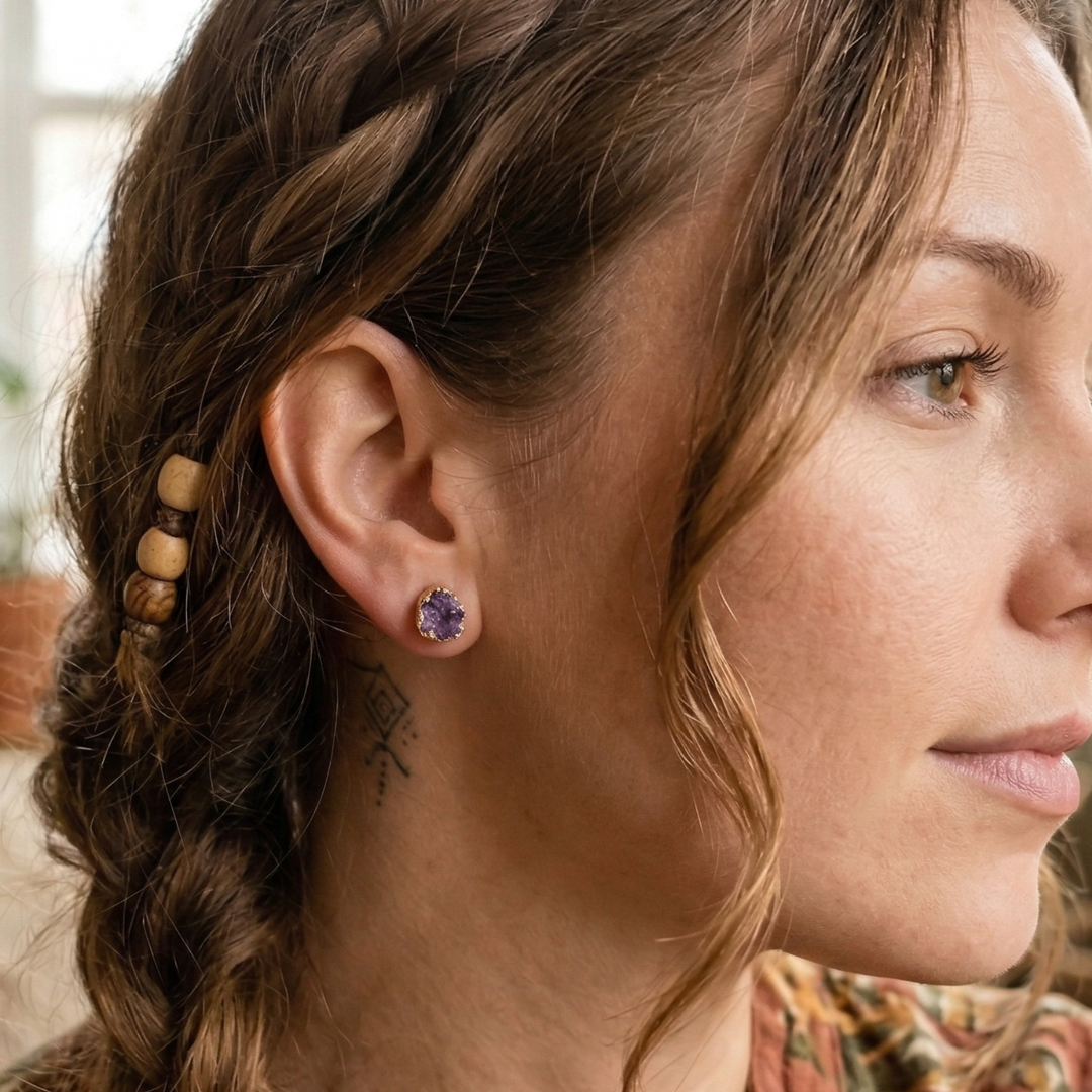 Raw Amethyst Stud Earrings – Natural Purple Druzy Stones in Gold-Plated Brass