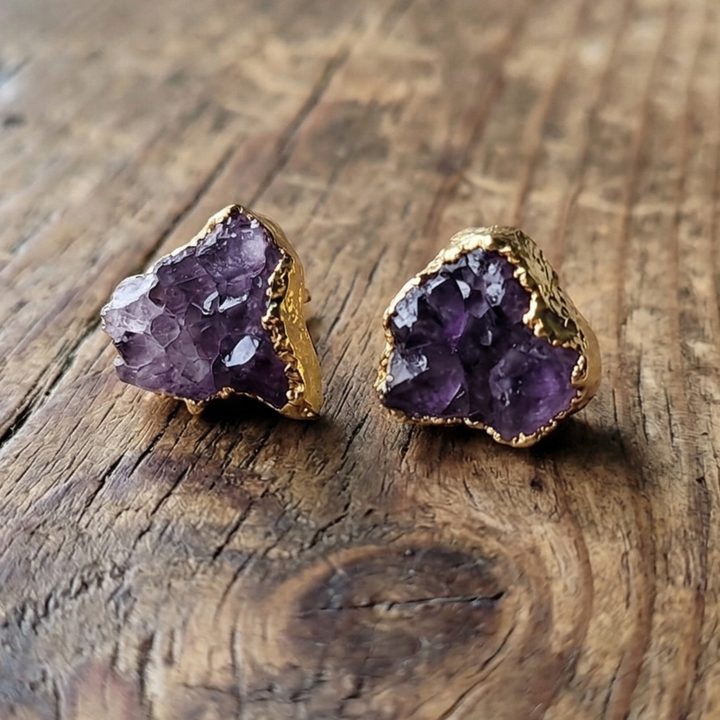 Raw Amethyst Stud Earrings – Natural Purple Druzy Stones in Gold-Plated Brass