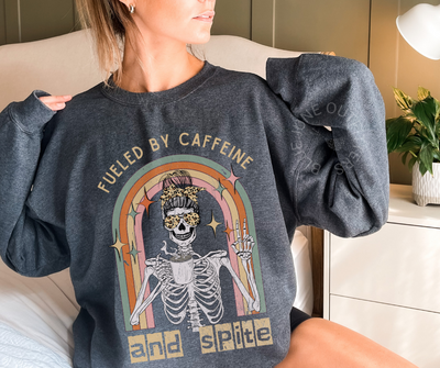 Fueled by Caffeine and Spite | Funny Skelly Crewneck Sweatshirt