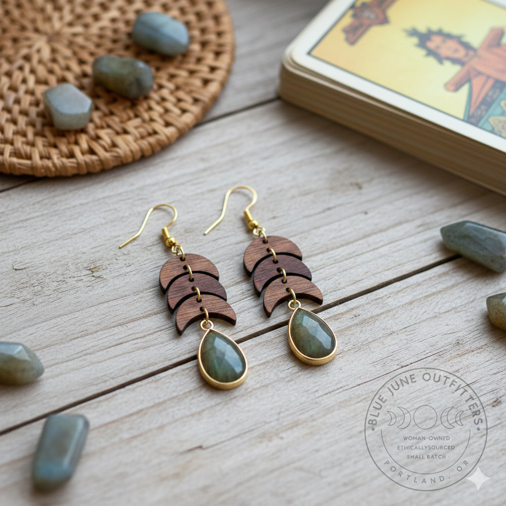 Labradorite & Wood Dangle Earrings – Gold-Plated Ear Wires