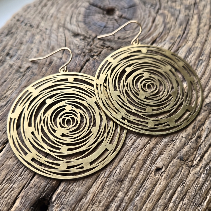 Large Round Raw Brass Laser Cut Statement Earrings - 2.5" Boho Dangle Earrings