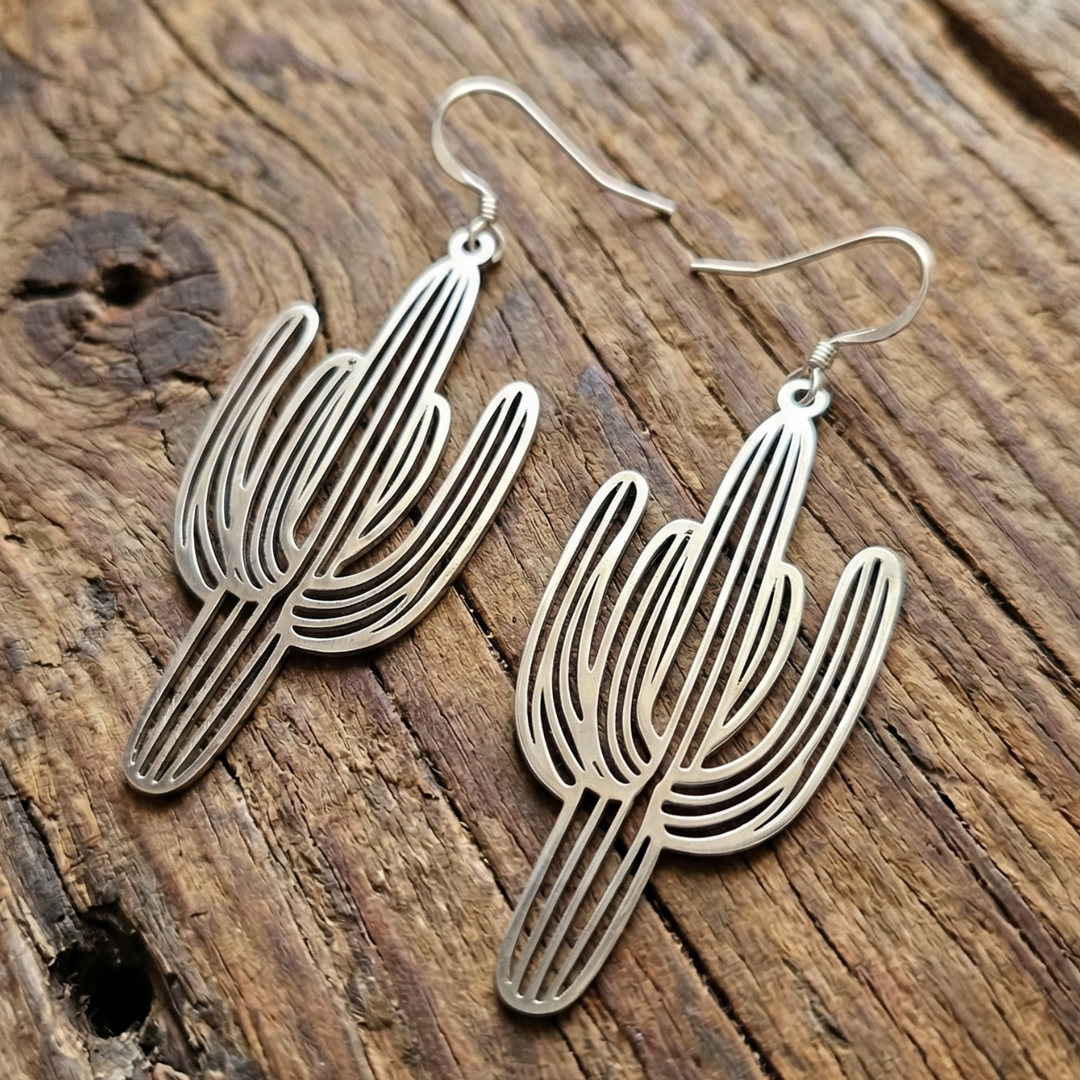 Stainless Steel Cactus Earrings | Laser Etched Saguaro Dangles