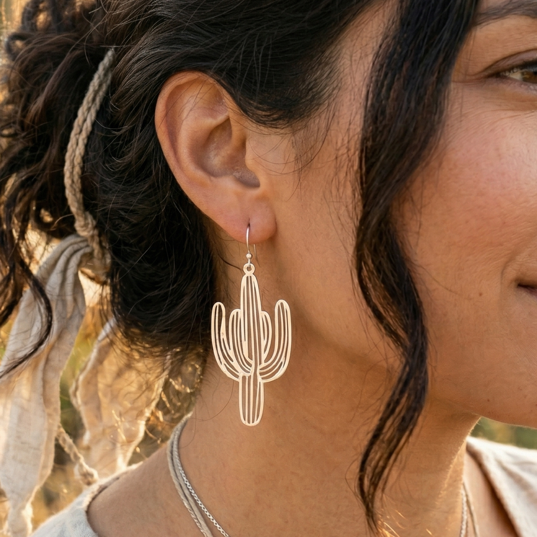 Stainless Steel Cactus Earrings | Laser Etched Saguaro Dangles