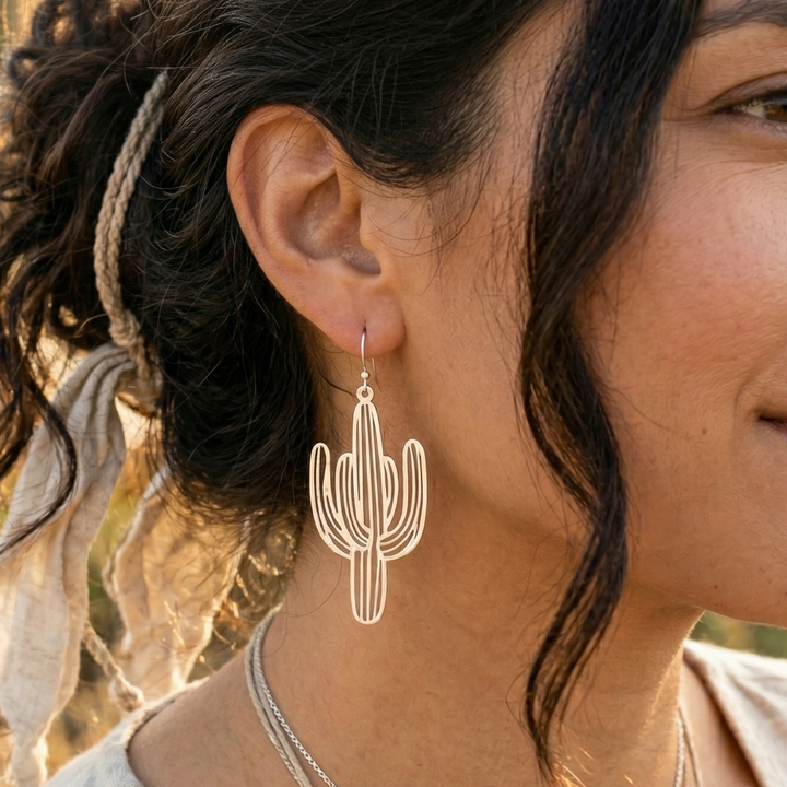 Stainless Steel Cactus Earrings | Laser Etched Saguaro Dangles
