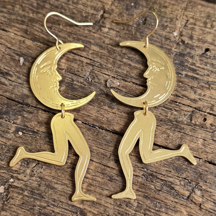 Moonwalker Moon with Running Legs Art Deco Earrings – Silver & Gold Finish
