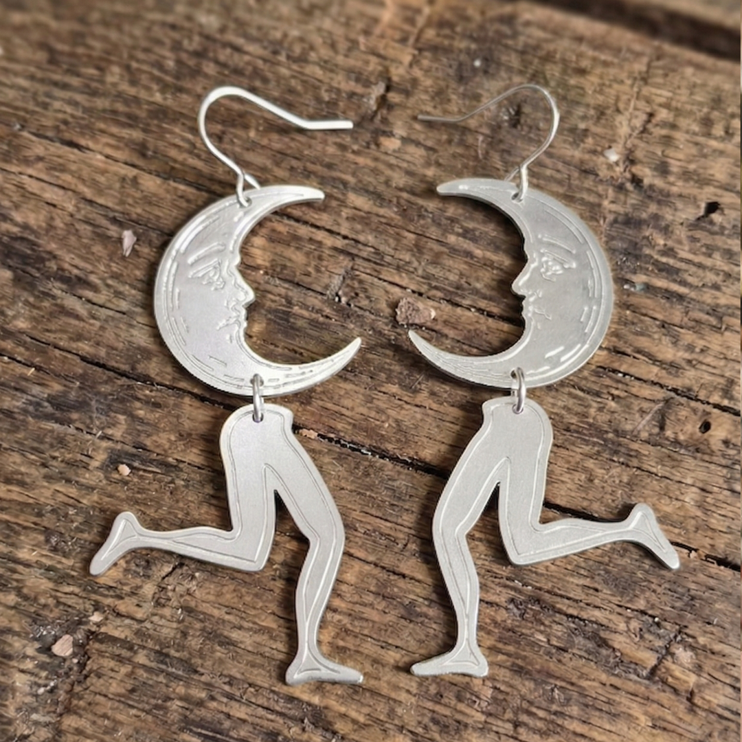 Moonwalker Moon with Running Legs Art Deco Earrings – Silver & Gold Finish