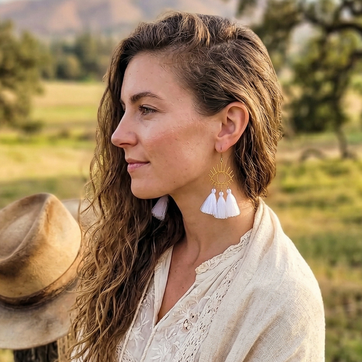 Protection Medallion Statement Earrings – Gold Brass and Tassel Sunburst