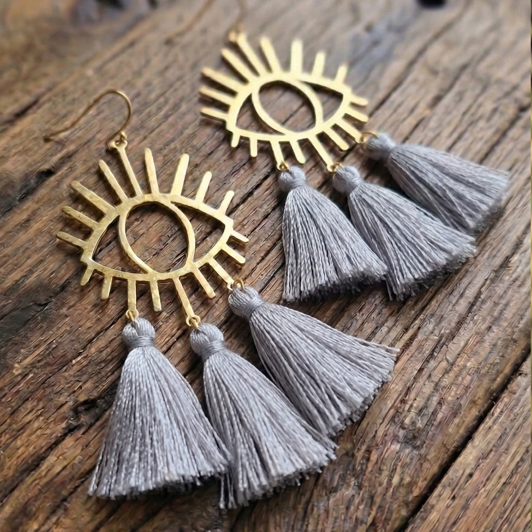 Protection Medallion Statement Earrings – Gold Brass and Tassel Sunburst