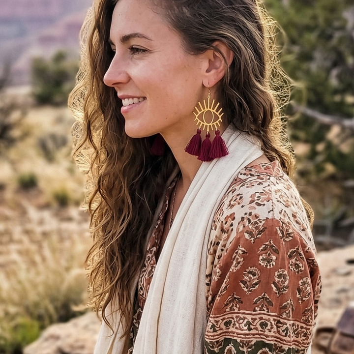 Protection Medallion Statement Earrings – Gold Brass and Tassel Sunburst