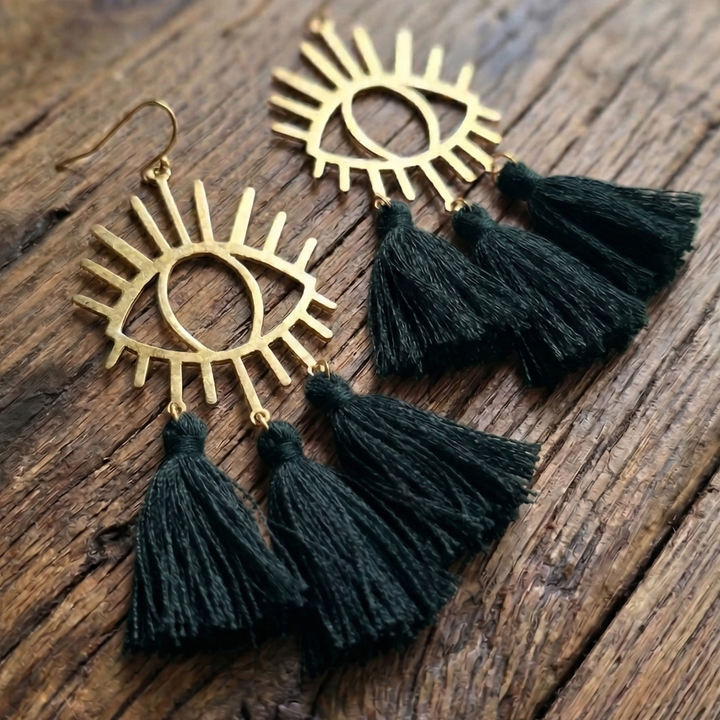 Protection Medallion Statement Earrings – Gold Brass and Tassel Sunburst