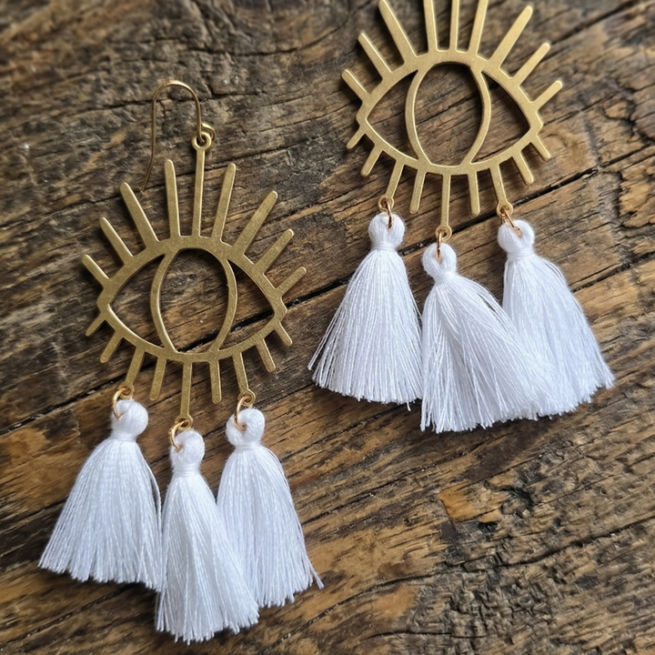 Protection Medallion Statement Earrings – Gold Brass and Tassel Sunburst