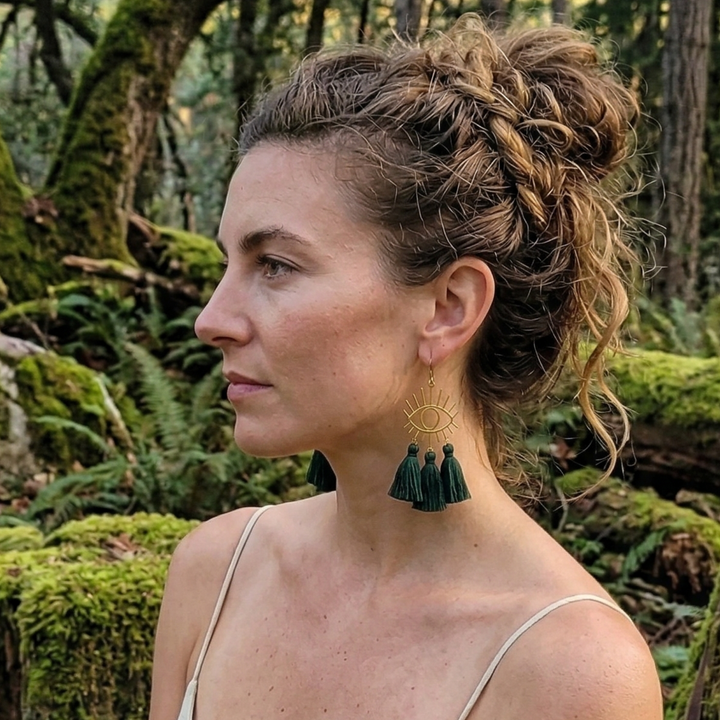 Protection Medallion Statement Earrings – Gold Brass and Tassel Sunburst