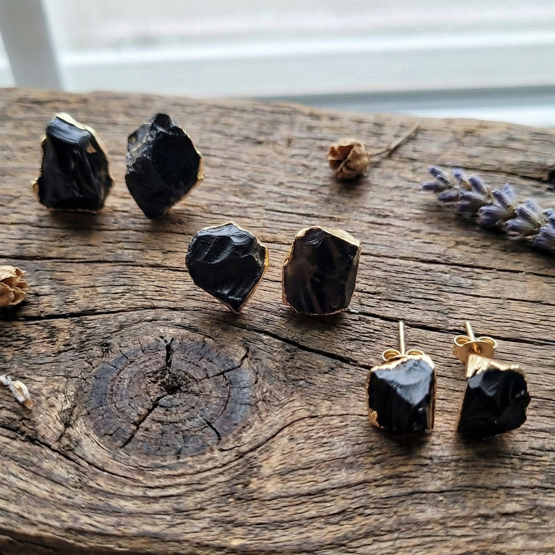 Raw Obsidian & 18k Gold Studs | Grounding Protection Earrings