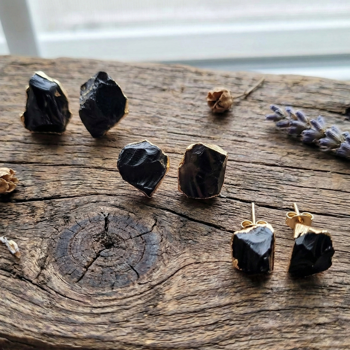 Raw Obsidian & 18k Gold Studs | Grounding Protection Earrings