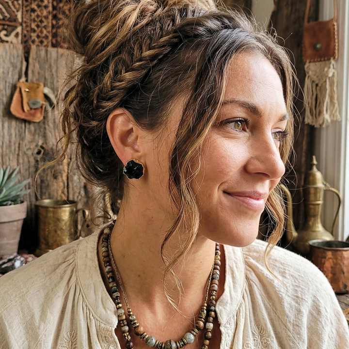 Raw Obsidian & 18k Gold Studs | Grounding Protection Earrings