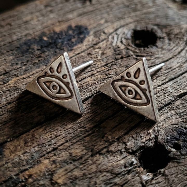 Stainless Steel Evil Eye Pyramid Studs | Mystical Boho Amulet Earrings