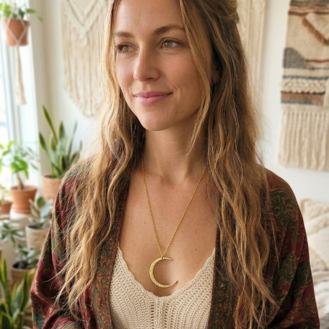 Hammered Gold Crescent Moon Necklace – Large 23" Matinee Length