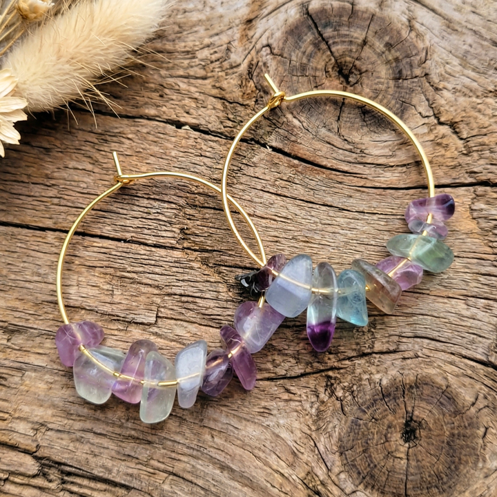 Fluorite Chip Hoop Earrings – 18k Gold Plated