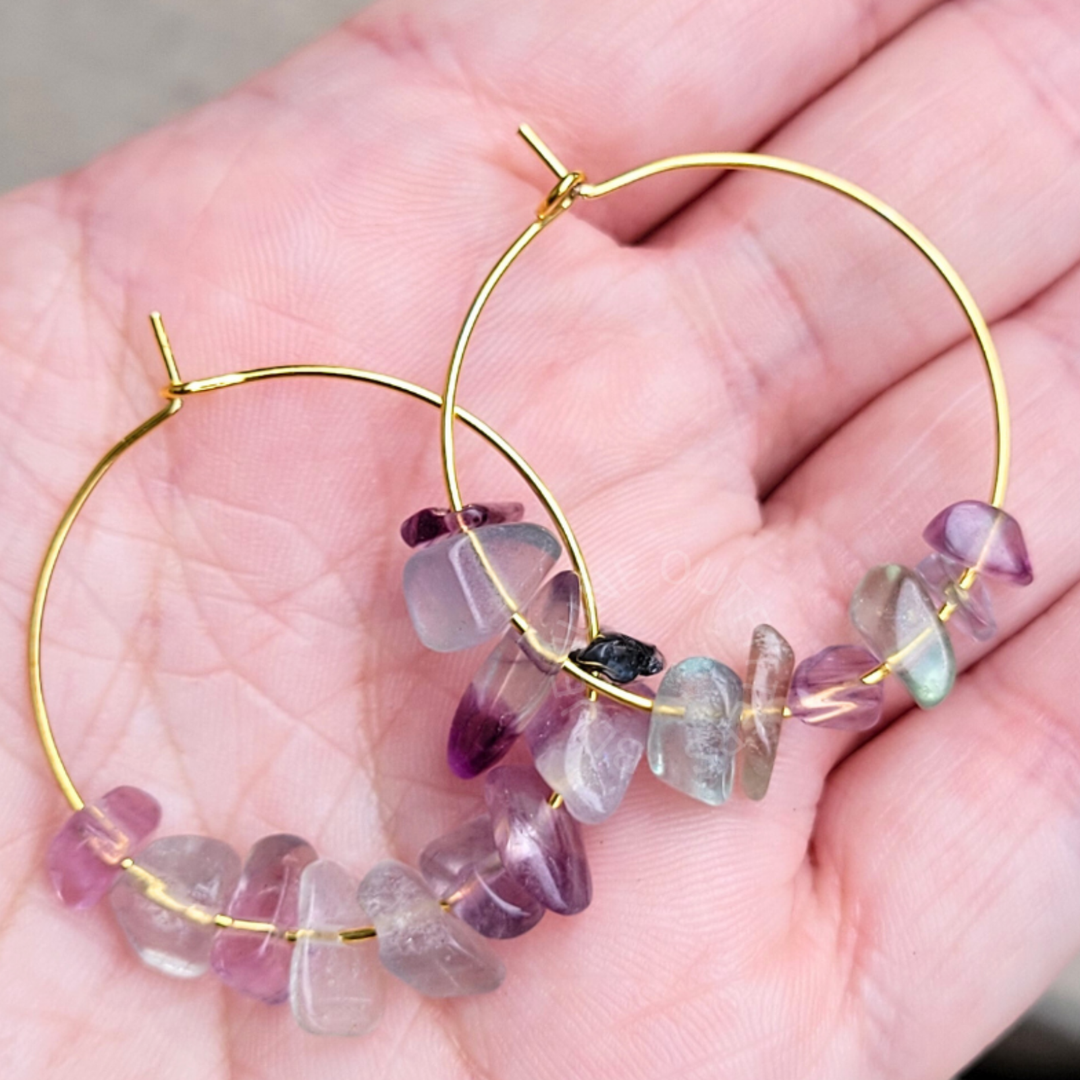 Fluorite Chip Hoop Earrings – 18k Gold Plated