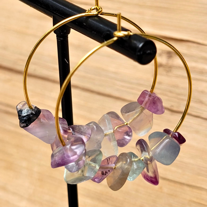 Fluorite Chip Hoop Earrings – 18k Gold Plated
