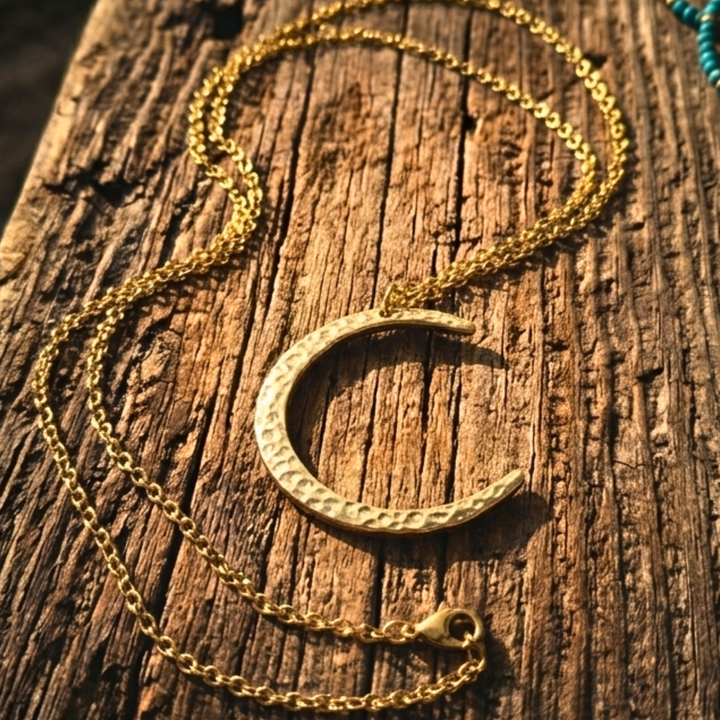 Hammered Gold Crescent Moon Necklace – Large 23" Matinee Length