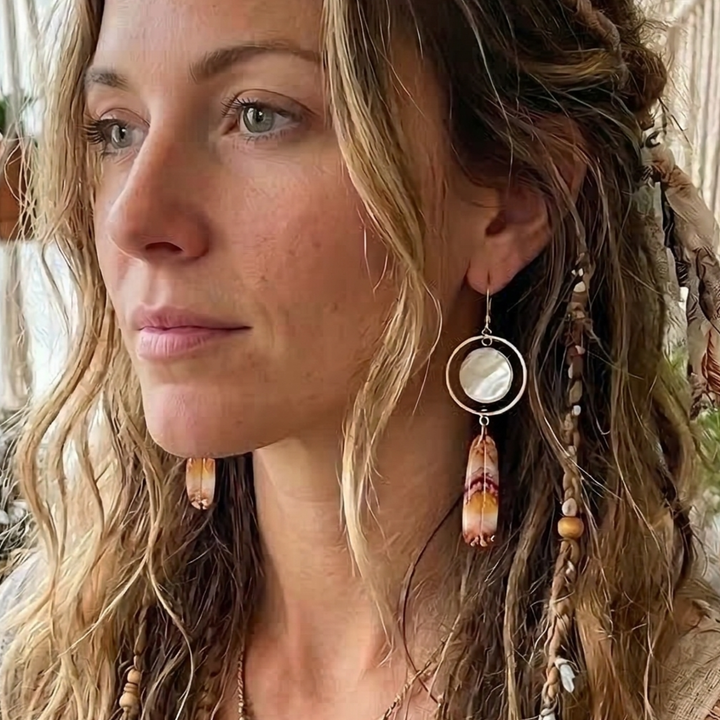 Mother of Pearl Feather Dangle Earrings – Brass & Natural Shell