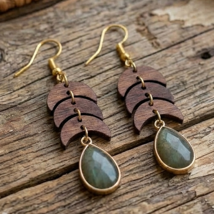 Labradorite & Wood Dangle Earrings – Gold-Plated Ear Wires