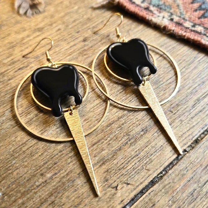 Black Acrylic Drip Heart Earrings – 3" Boho Statement Dangles