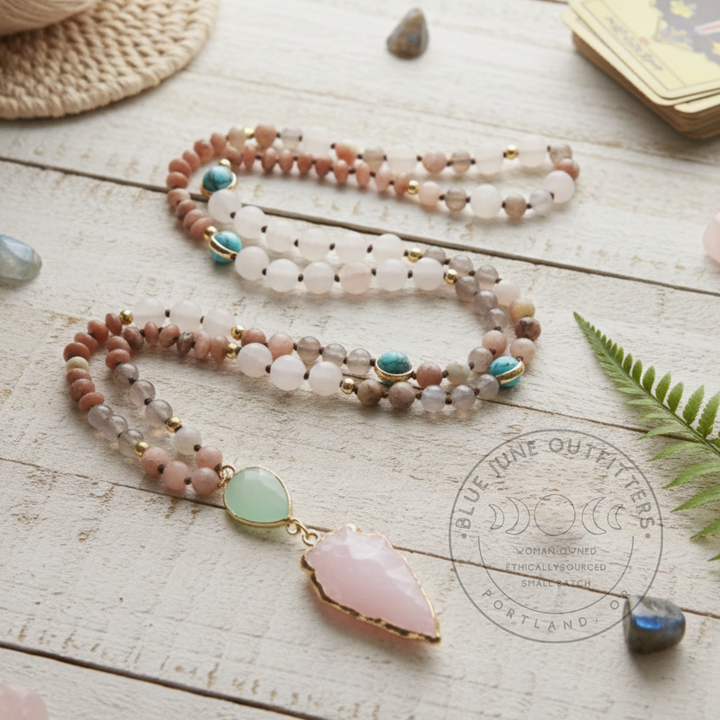 Hand-Knotted Natural Stone Beaded Necklace with Pink Arrowhead Pendant