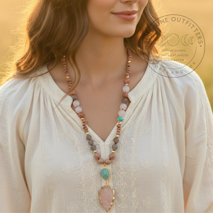 Hand-Knotted Natural Stone Beaded Necklace with Pink Arrowhead Pendant