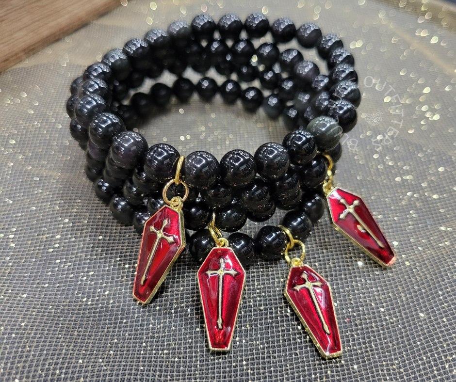 Obsidian Beaded Bracelet with Coffin Charm