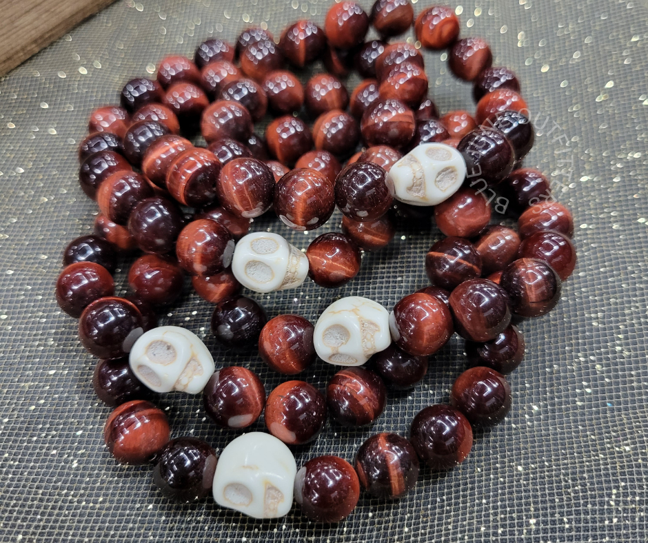 Red Tigers Eye Beaded Skull Bracelet