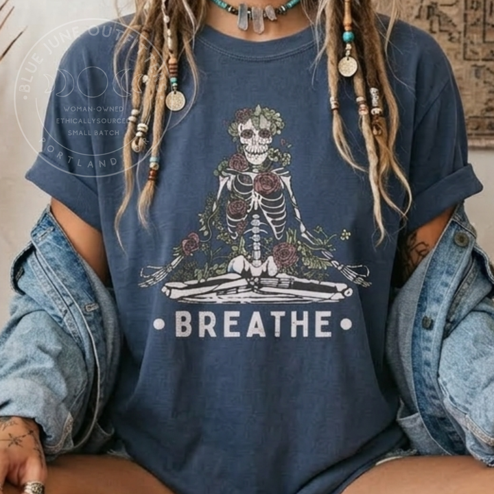 Breathe Meditating Skeleton Botanical T-Shirt